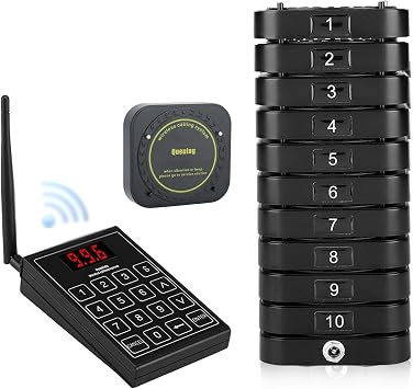 Restaurant Pager System,Restaurant Waiting Buzzers Long Range,10 Pagers,Max 999 Beepers Wireless Calling System,Set with Vibration,Flashing and BuzzerSquare