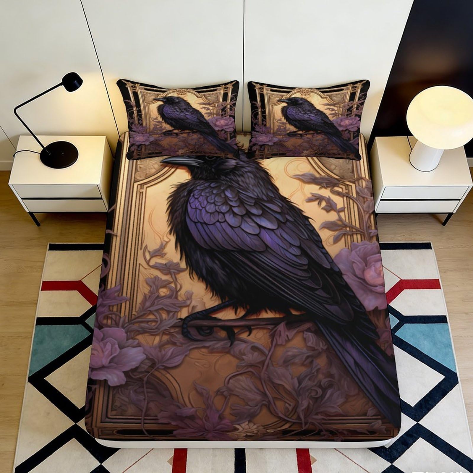 3D Printed Raven Art Fitted Sheet Microfiber Non-slip Gothic Bird Mattress Cover Bedroom Decor Dustproof 90x200x25cm