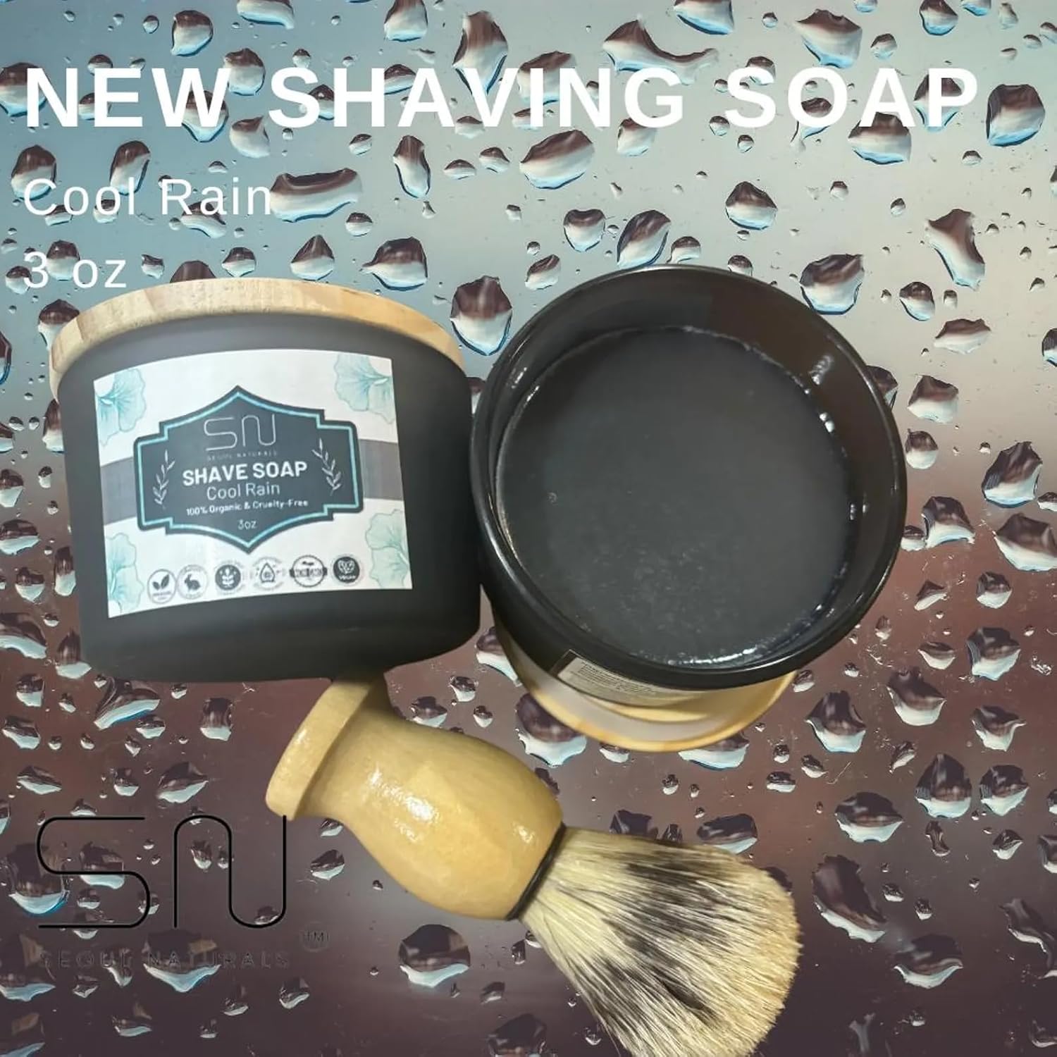 Seoul Naturals Organic Shave Soap Set with Barber Brush, Cool Rain Scent, k beauty, 3 oz