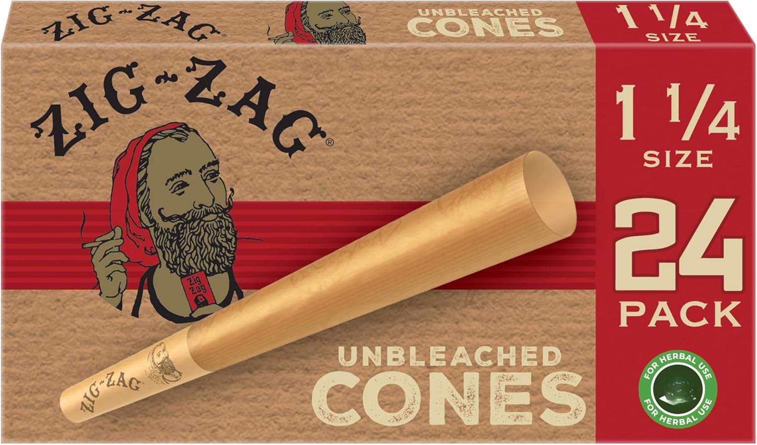 ZIG-ZAG Pre Rolled Cones 1 1/4 Size (12 Pack) Unbleached - Slow Burning Pre Rolled Cones with Tips & Packing Tubes Included - (288 Cones)