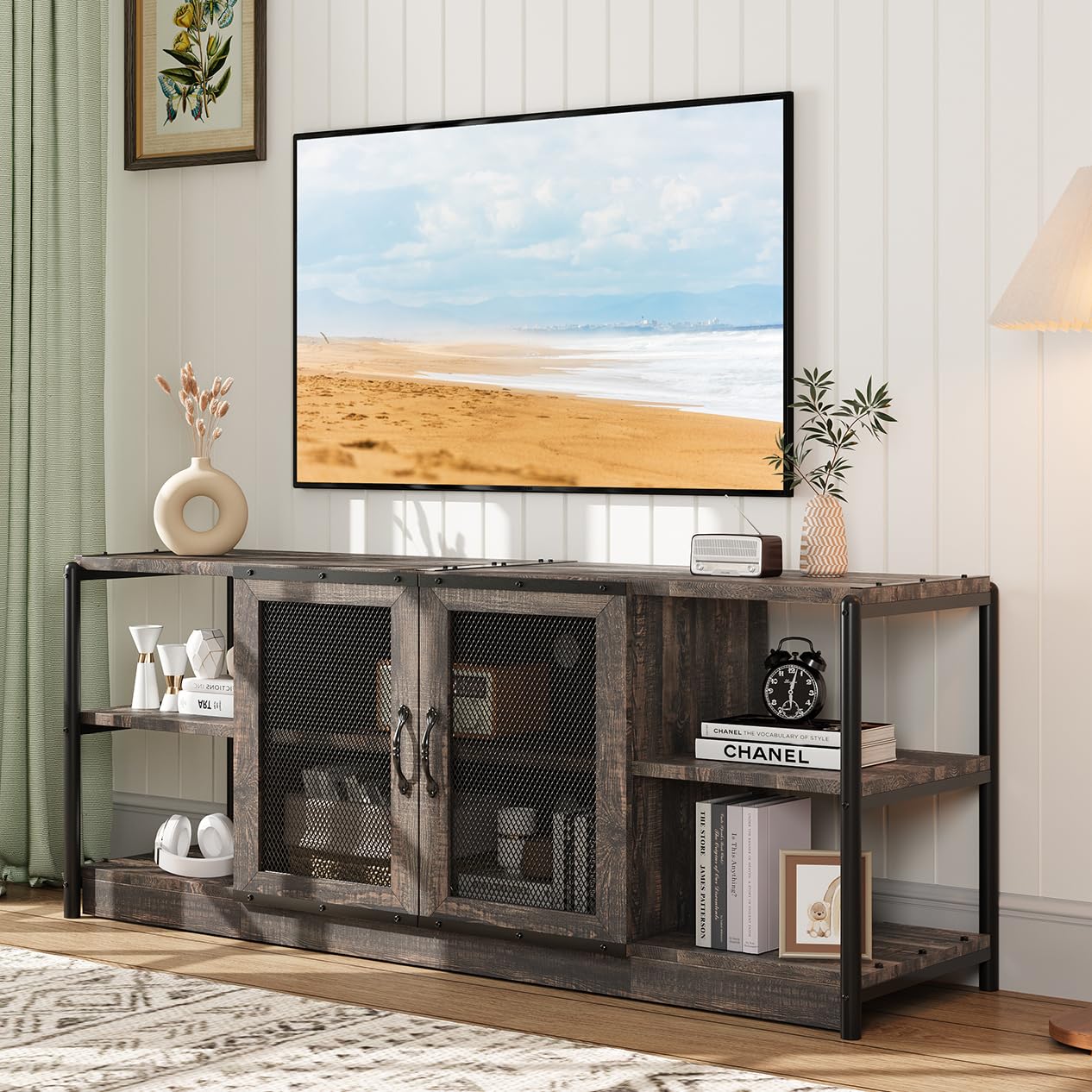SunnyFurn Farmhouse TV Stand for 65 inch TV Entertainment Center with Mesh Door and Storage Cabinet Farmhouse Rustic Oak TV Cabinet Rustic TV Console