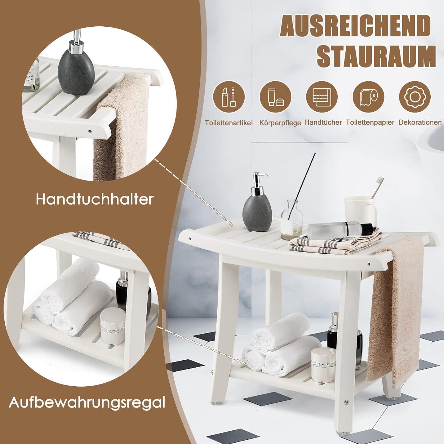 RELAX4LIFE Duschbank, Badezimmerbank mit Ablage Handtuchhalter, Badhocker mit Rutschfesten Füßen, Duschstuhl bis 150kg Belastbar, Duschsitz für Alte Schwangere, 60,5 x 34 x 48 cm, Weiß