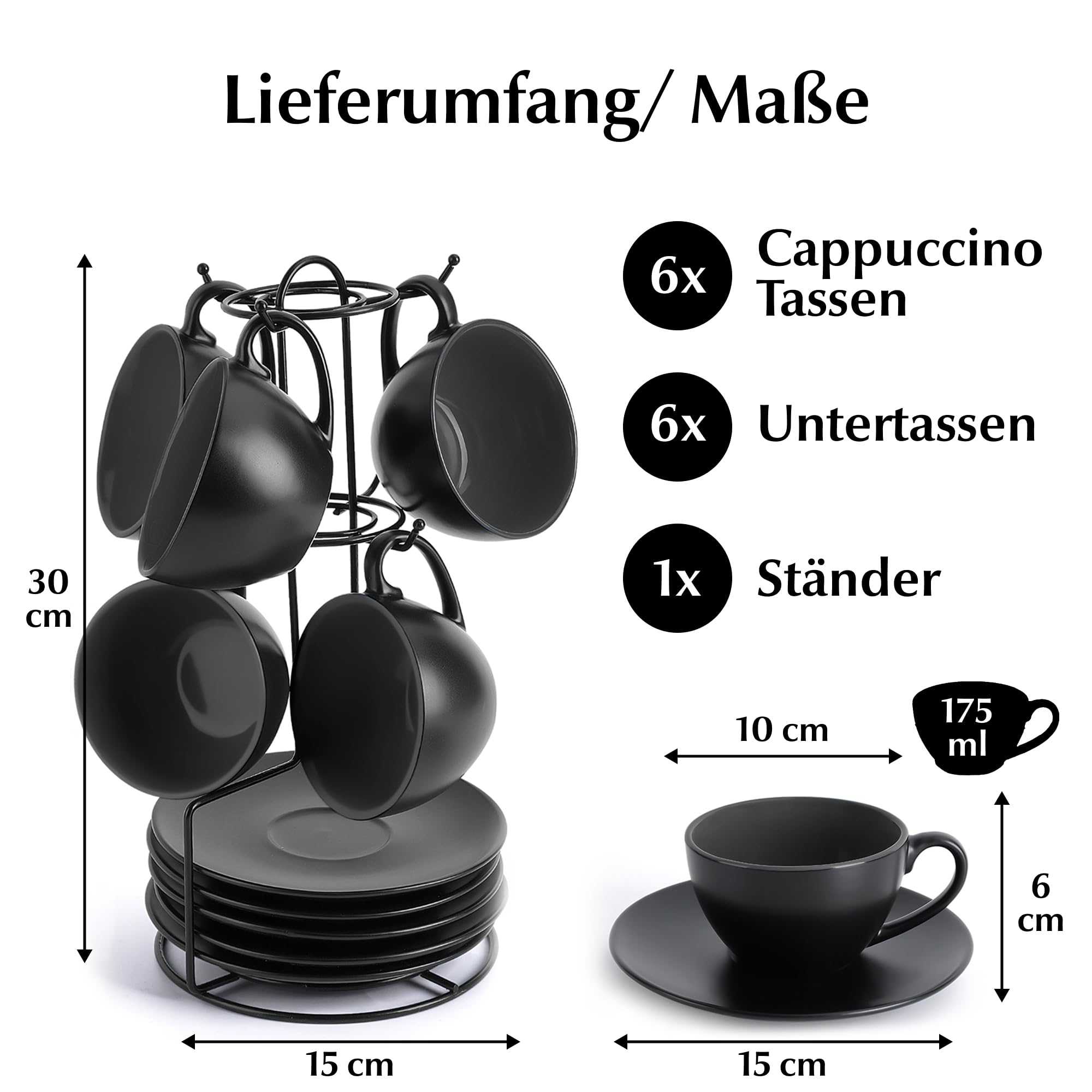 MIAMIO - 6 x 175 ml Tasse Cappuccino Tassen mit Unterteller & Ständer/Cappuccinotassen Set - Le Papillon Kollektion (Schwarz)