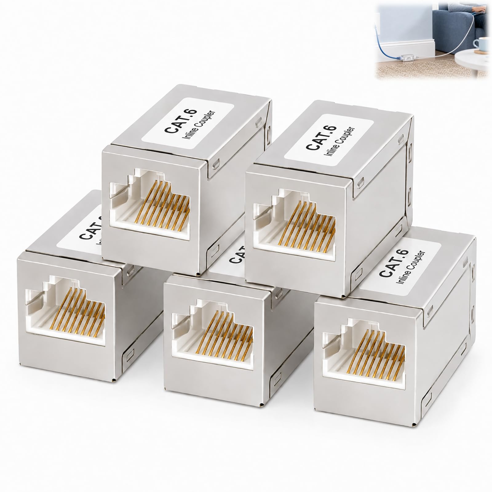 5er RJ45 Kupplung Adapter, Lan Kabel Verlängerung Cat6 Kupplung Ethernet Patchkabel Verlängerung Metall Buchse Goldkontakte geschirmt kompatibel mit Router Switch PC TV PS4 Modem Netzwerk