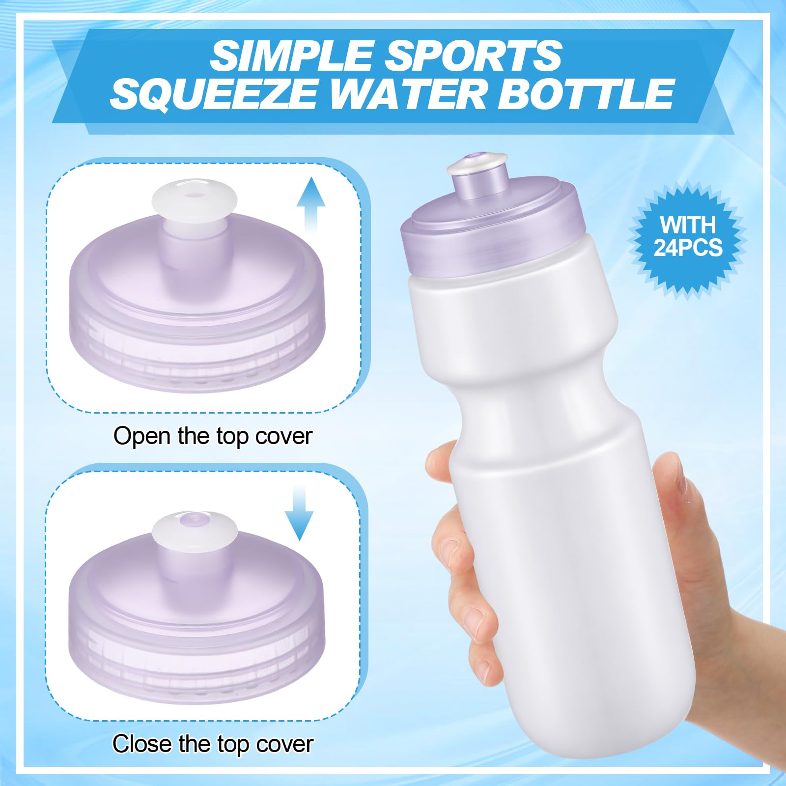 Nitial 24 Stück Sport-Wasserflaschen, Großpackung, 625 ml, wiederverwendbare Sport-Wasserflaschen, blanko, Kunststoff-Wasserflaschen mit Zugverschluss, für Erwachsene, Sport, Fitness, Fahrrad