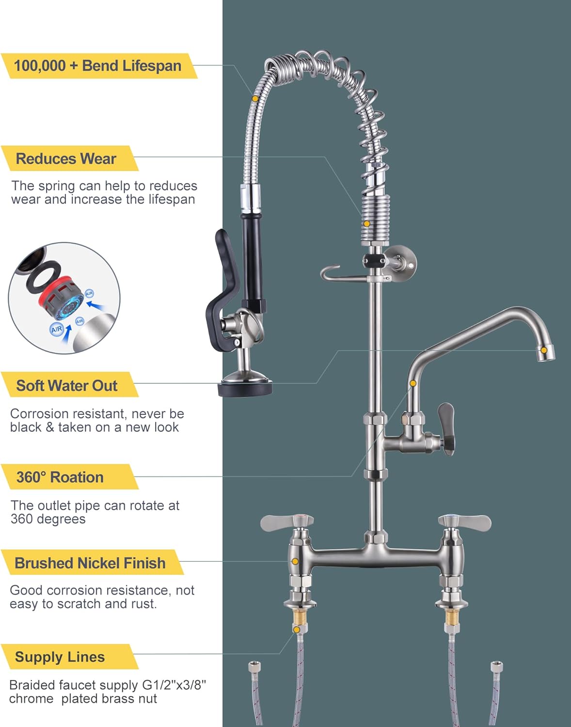 [New Upgrade] Brushed Nickel Commercial Kitchen Faucet Deck Mount with Pre-Rinse Sprayer 26" Height Kitchen Sink Faucet 8 Inch Center with 10" Add-on Swing Spout Faucet