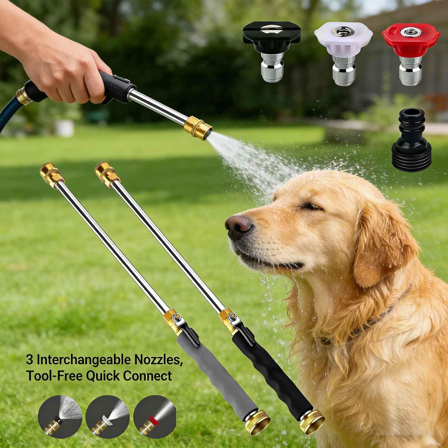 Garden Hose Jet Power Washer Nozzle, 3 Interchangeable Nozzles Universal Quick Connect for Car Washing Patio Cleaning (Black and gray)