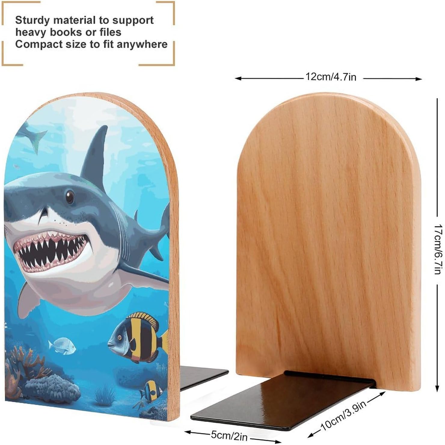 Shark Ocean Theme Heavy Duty Wooden Bookend Non-Slip Book Ends image 2