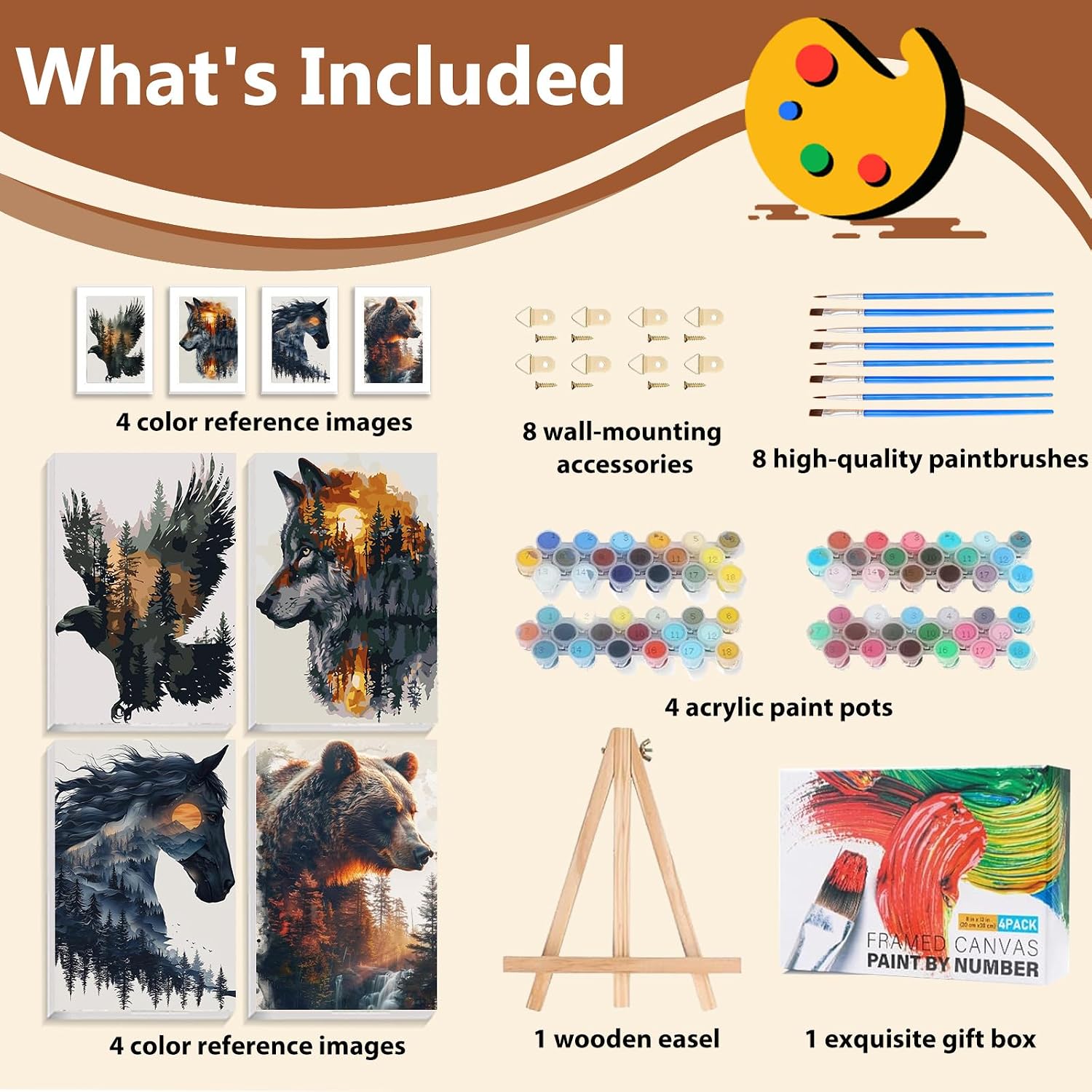 Reivworl 4 Pack Framed Paint by Numbers for Adults with Wooden Easel, Animal Paint by Numbers Kit for Adults Beginner, Acrylic Painting by Number for Home Wall Decor - 8X12 Inch