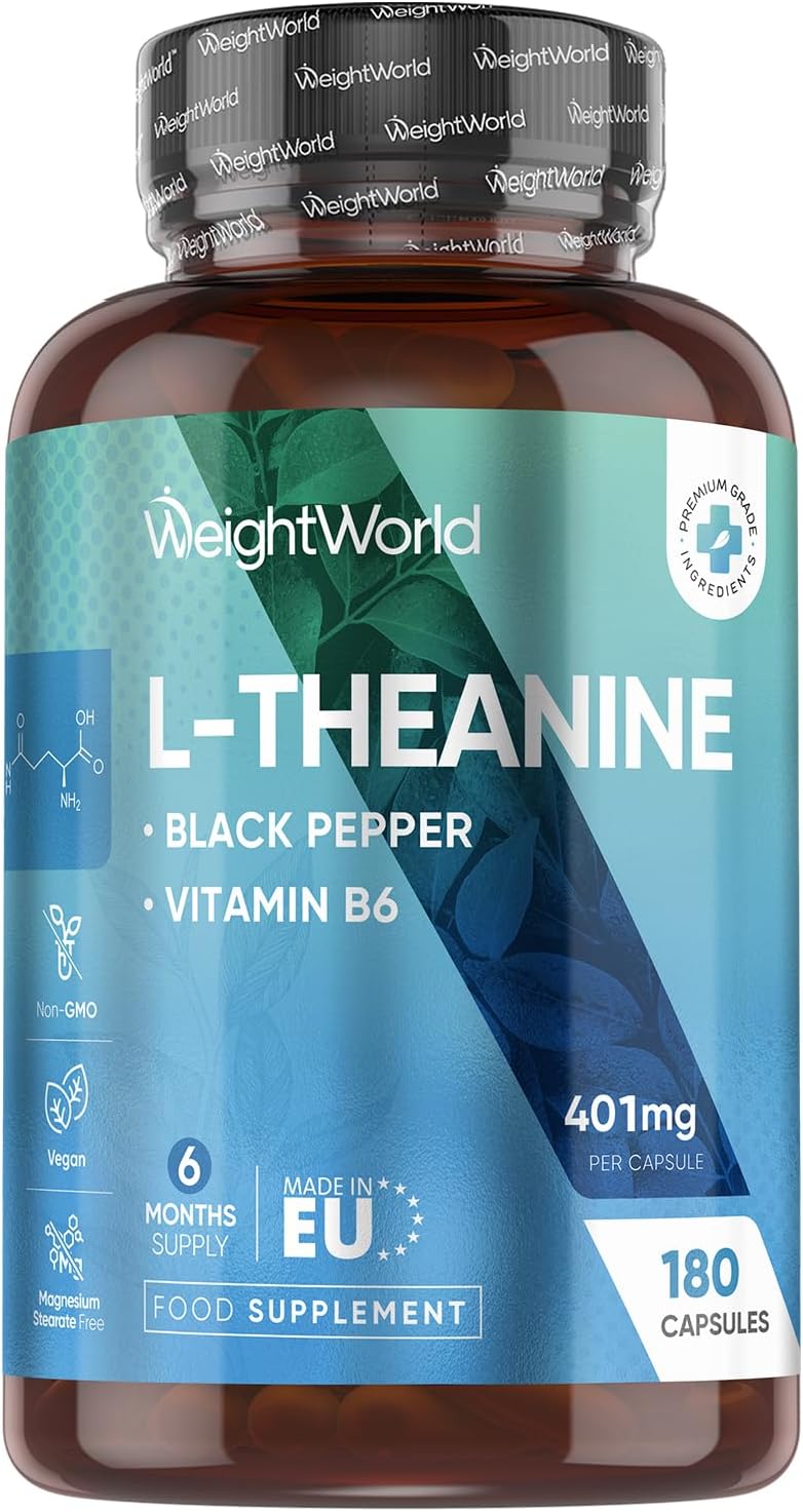 L-Theanine - 401mg - 180 Capsules - 6 Months Supply | with Vitamin B6 & Black Pepper | 1 Capsule per Day | Vegan & Magnesium Stearate-Free - L Theanine Supplement for Men & Women - Made in Europe