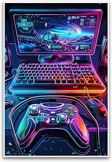 Retro Gaming Poster Wall Art - Futuristic Gamer Decor - Colorful Video Game Room Decor - Digital Art Poster - Neon Gaming Aesthetic - Decorative Wall Art for Home and Office - FHJP2087