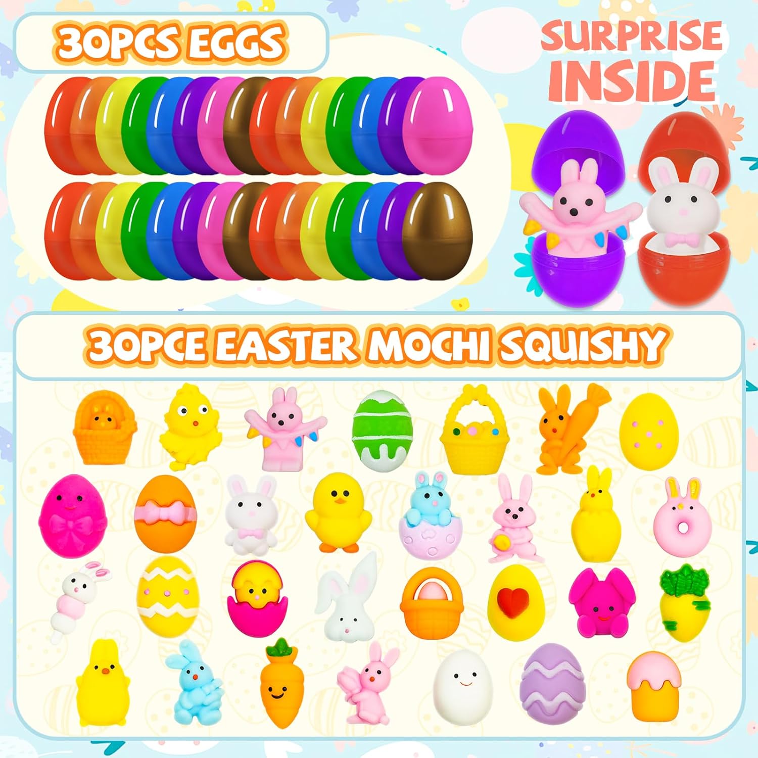 30PCS Prefilled Easter Eggs with Mochi Squishy Toys, Easter Squishies Stuffed Plastic Eggs for Easter Basket Suffers, Egg Fillers, Kids, Toddlers, Teens, Gifts, Classroom Prizes, Egg Hunt Game