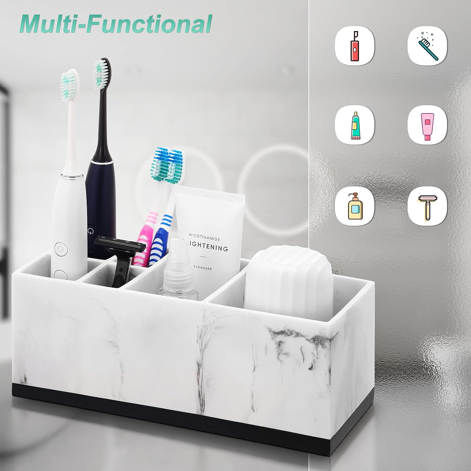 VITVITI Toothbrush Holder for Bathroom, Bathroom Organizer Countertop, Rectangle 6 Compartment Bathroom Accessories Storage for Toothpaste/Vanity Counter/Sink, White Resin of Marble Color