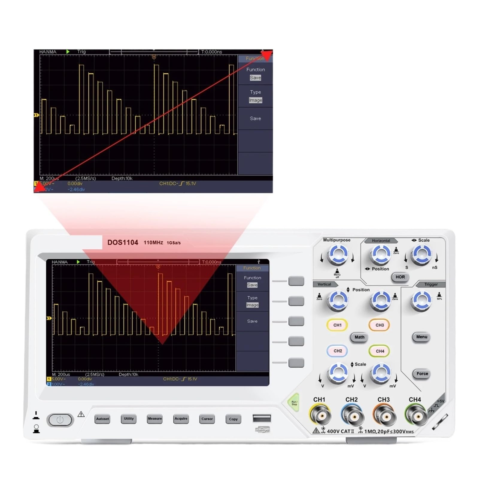 Oscyloskop cyfrowy 2/4 Szerokość pasma 110 MhZ 1GS/s Częstotliwość próbkowania 5 mV/Div 7-calowy oscyloskop stołowy z pamięcią TFT (DOS1102, EU)
