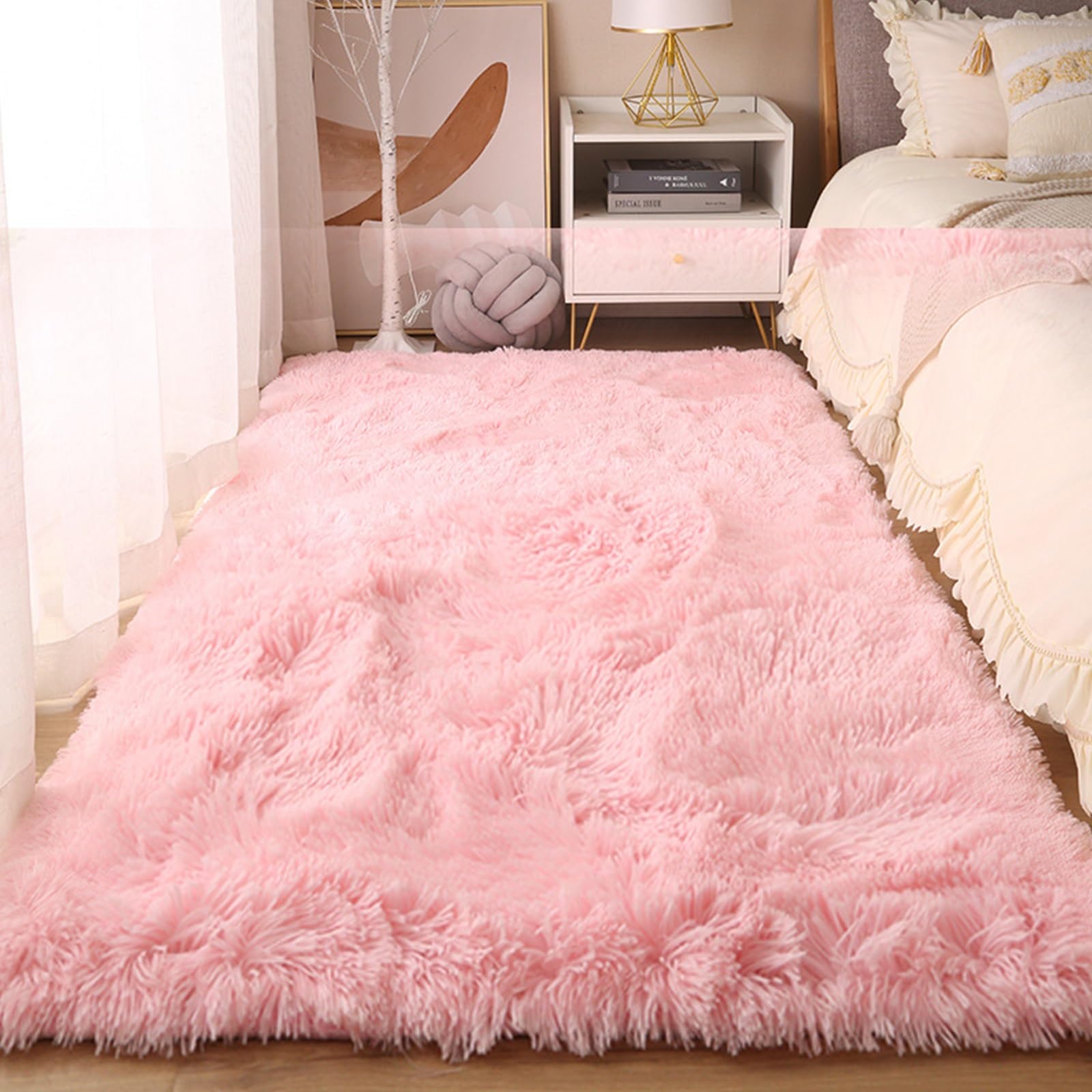 Tapis de salon shaggy antidérapant et lavable grand format rose