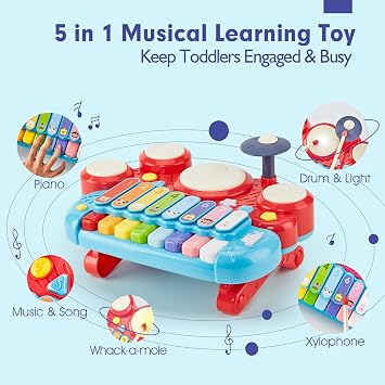 Baby Musical Toys, 3 in 1 Piano Keyboard Xylophone Drum Set for 1 Year Old