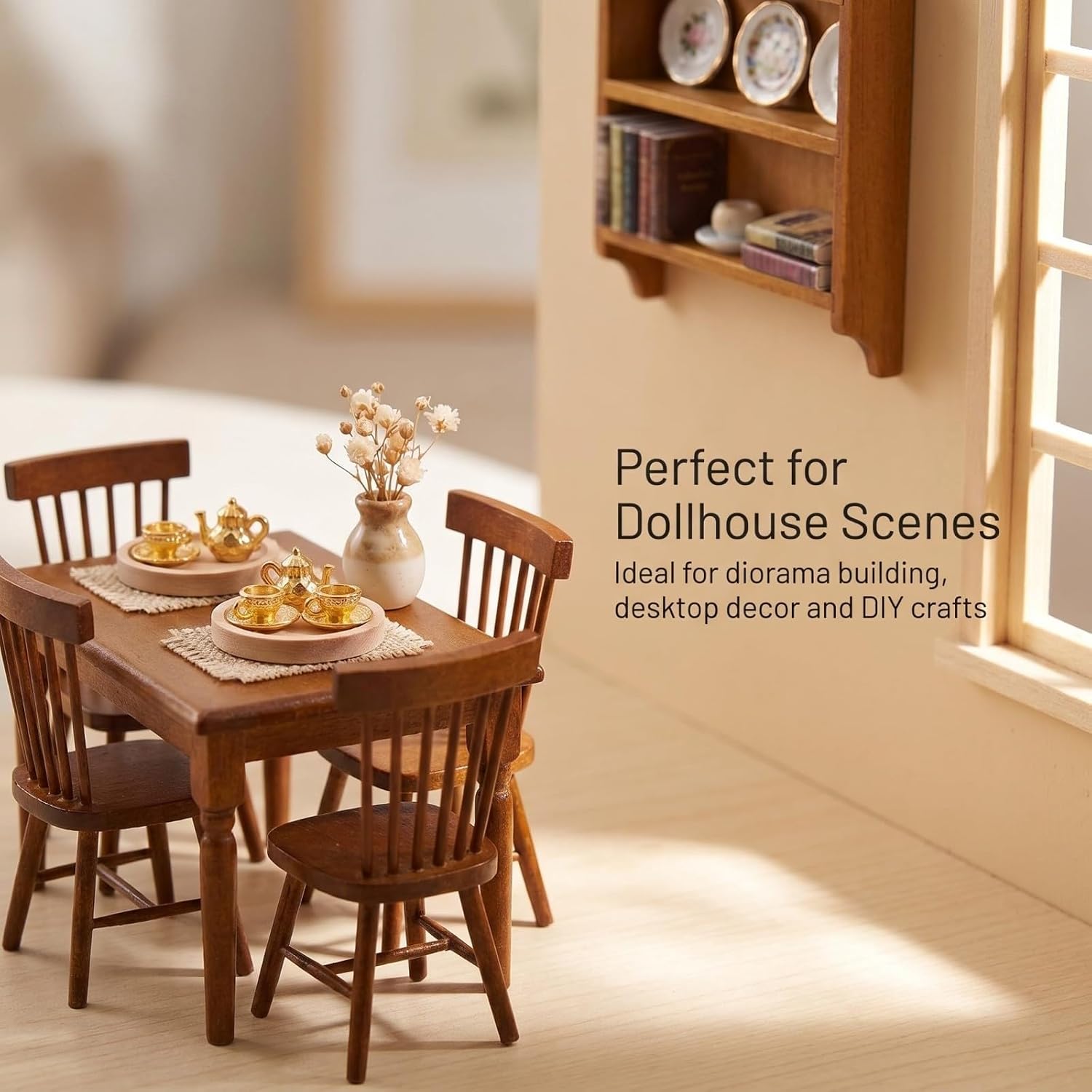 13 pcs Dollhouse Furniture Set 1/12 Dining Table Chairs with Accessoris | Comes with miniature furniture 2 set of metal tea set and wooden trays for doll house dining room decoration