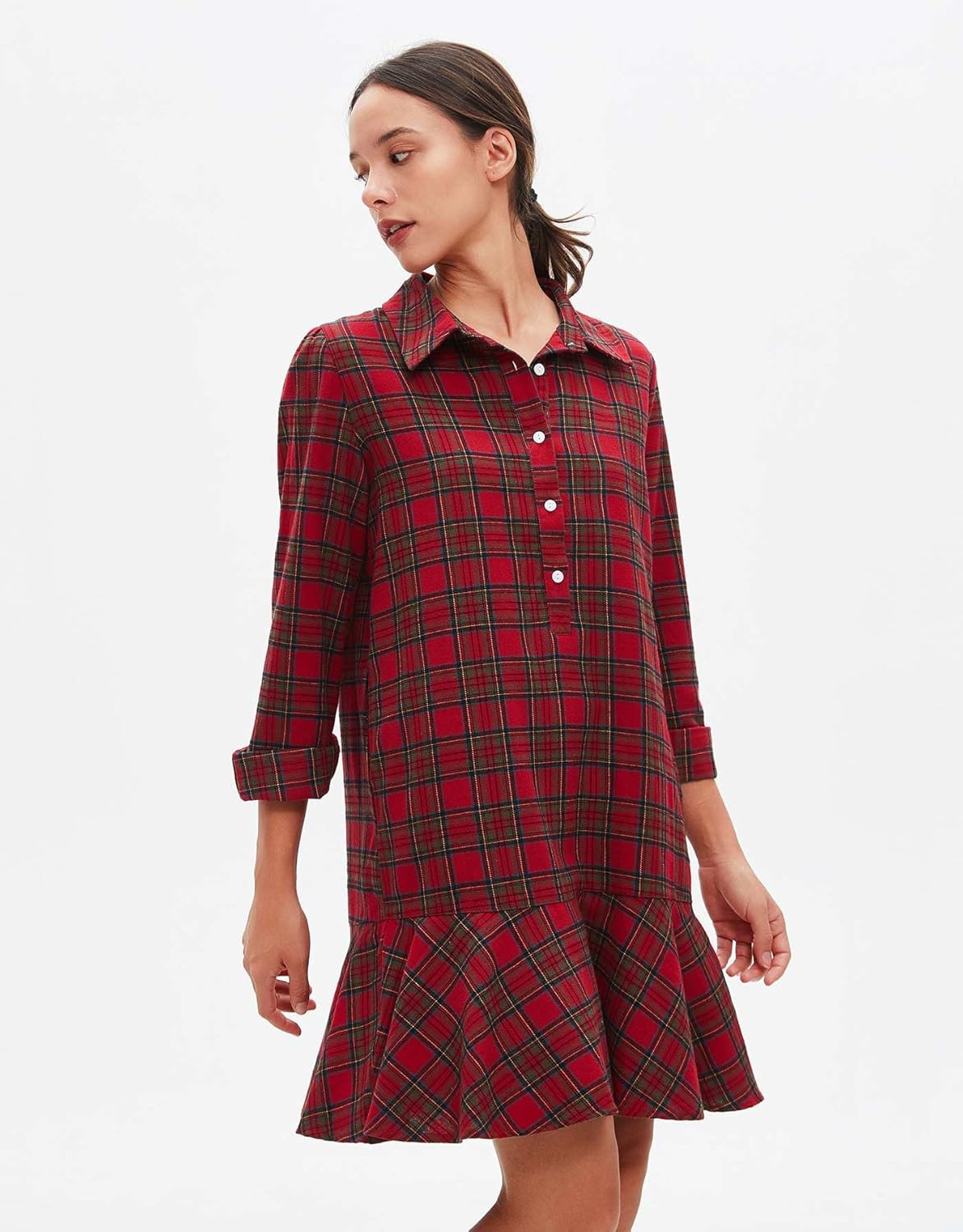 Women's Plaid Tunic Dress V Neck Button Down Collar Mini Dress Flowy Swing Shift Christmas Dress Red - Image 3