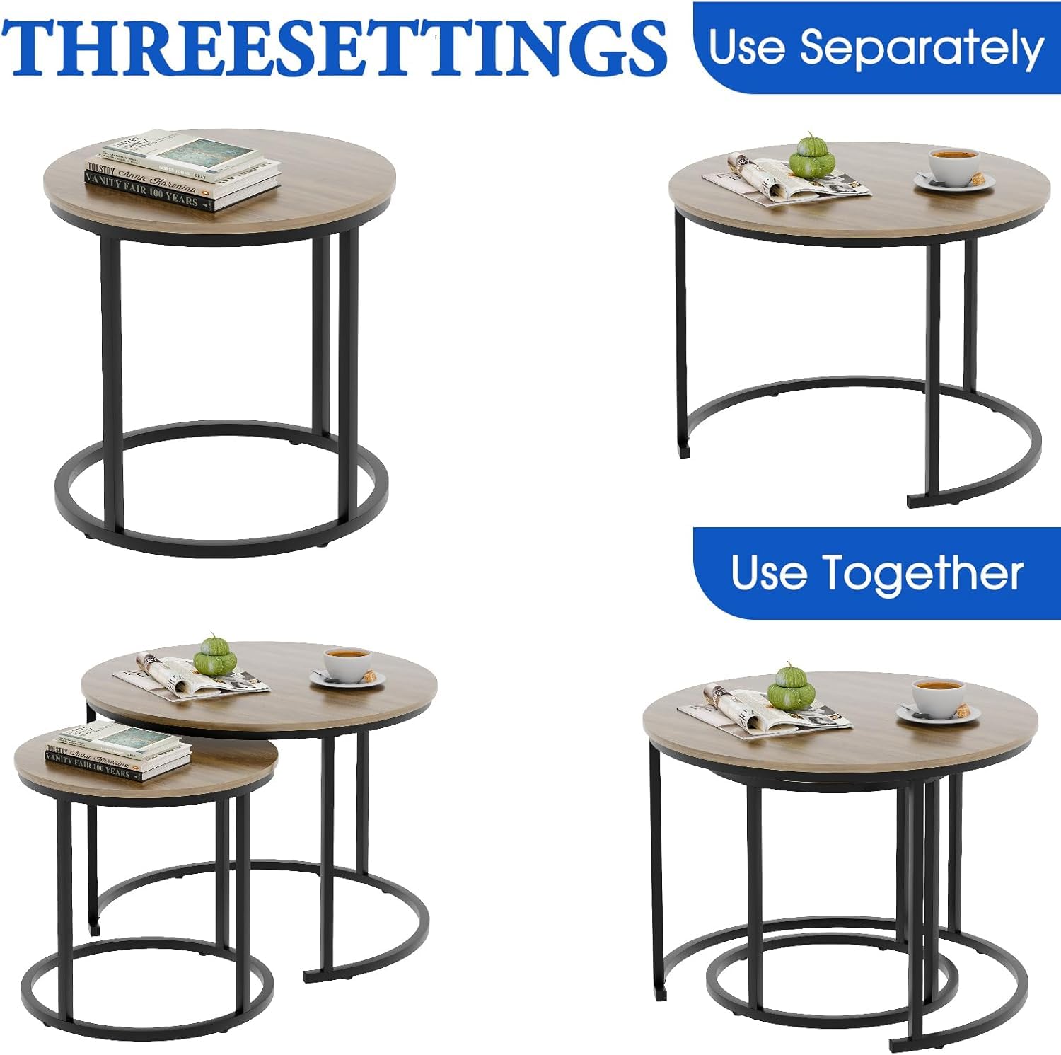 Ronde salontafels, set van 2 bijzettafels, nesttafels, bijzettafel met