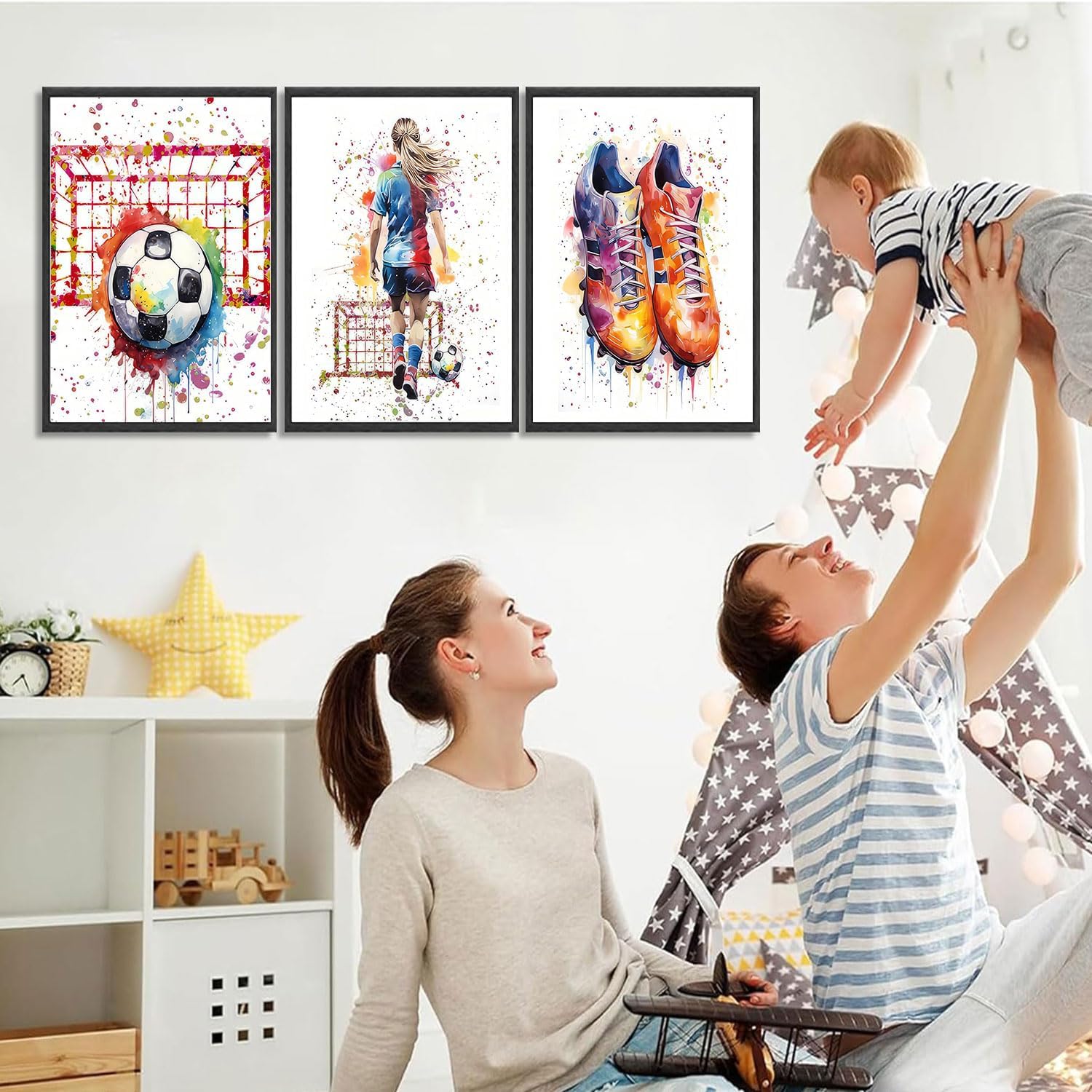 3Pcs Girl Graffiti Soccer Canvas Wall Art Colorful Sneakers Posters Prints Wall Decor Pictures Sports Theme Football Painting for Bedroom Girls Room Teen Kids Playroom Artwork Home Decoration Unframed
