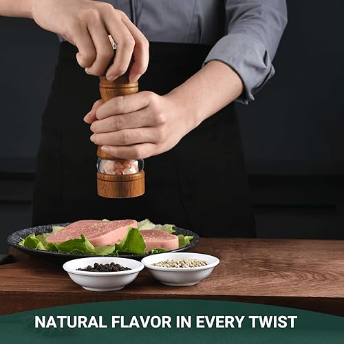 Miniatura 5 de Juego de molinillo de sal y pimienta de madera de 6.5 pulgadas con grosor ajustable, molinillo de pimienta manual recargable para cocineros caseros