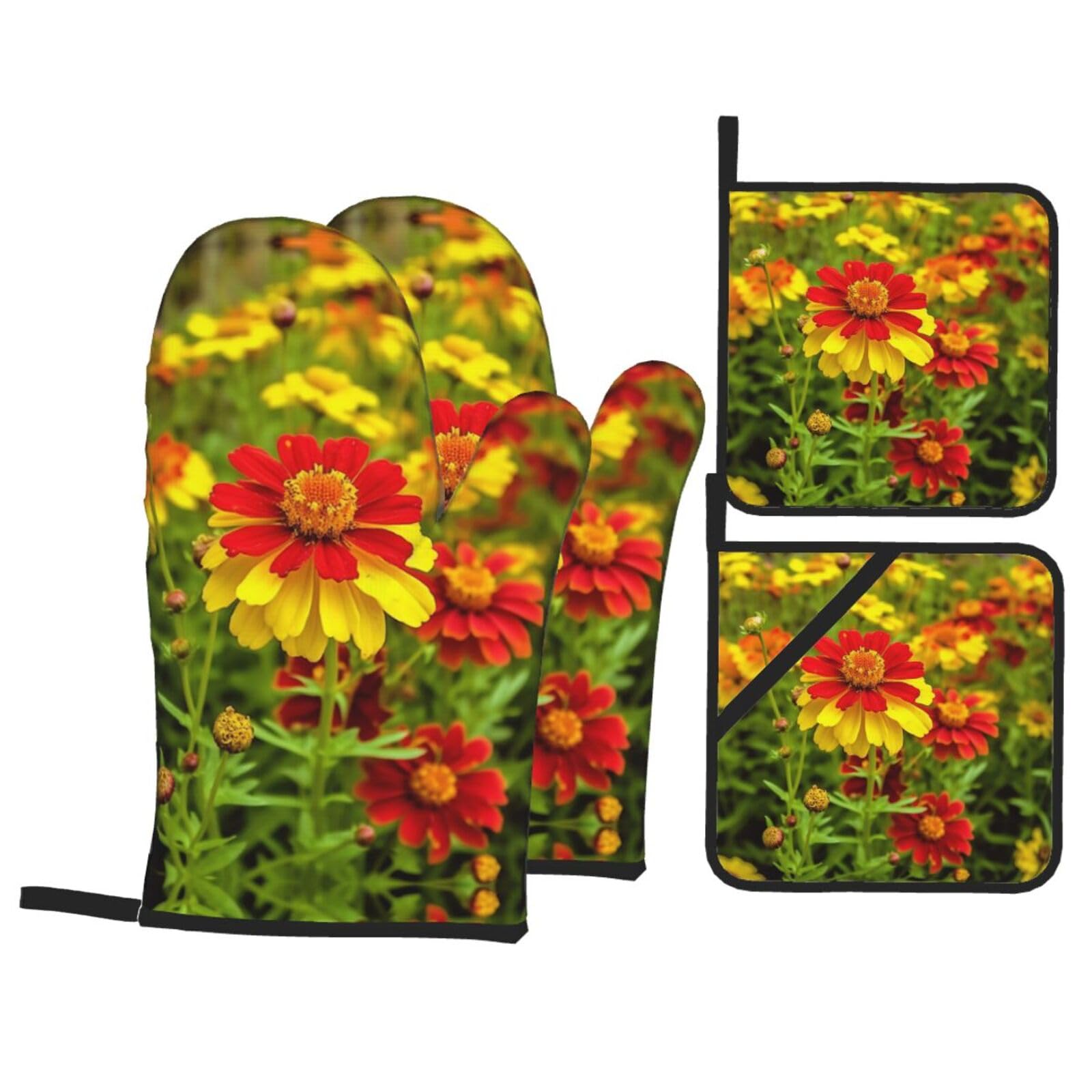 Gants de cuisine anti-brûlure à motif fleurs pour manipuler les plats chauds du four