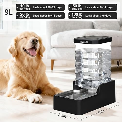 Miniatura 25 de RIZZARI Dispensador de agua para mascotas de acero inoxidable: cuenco de gravedad automático a prueba de fugas de 9 litros grande para gatos perros