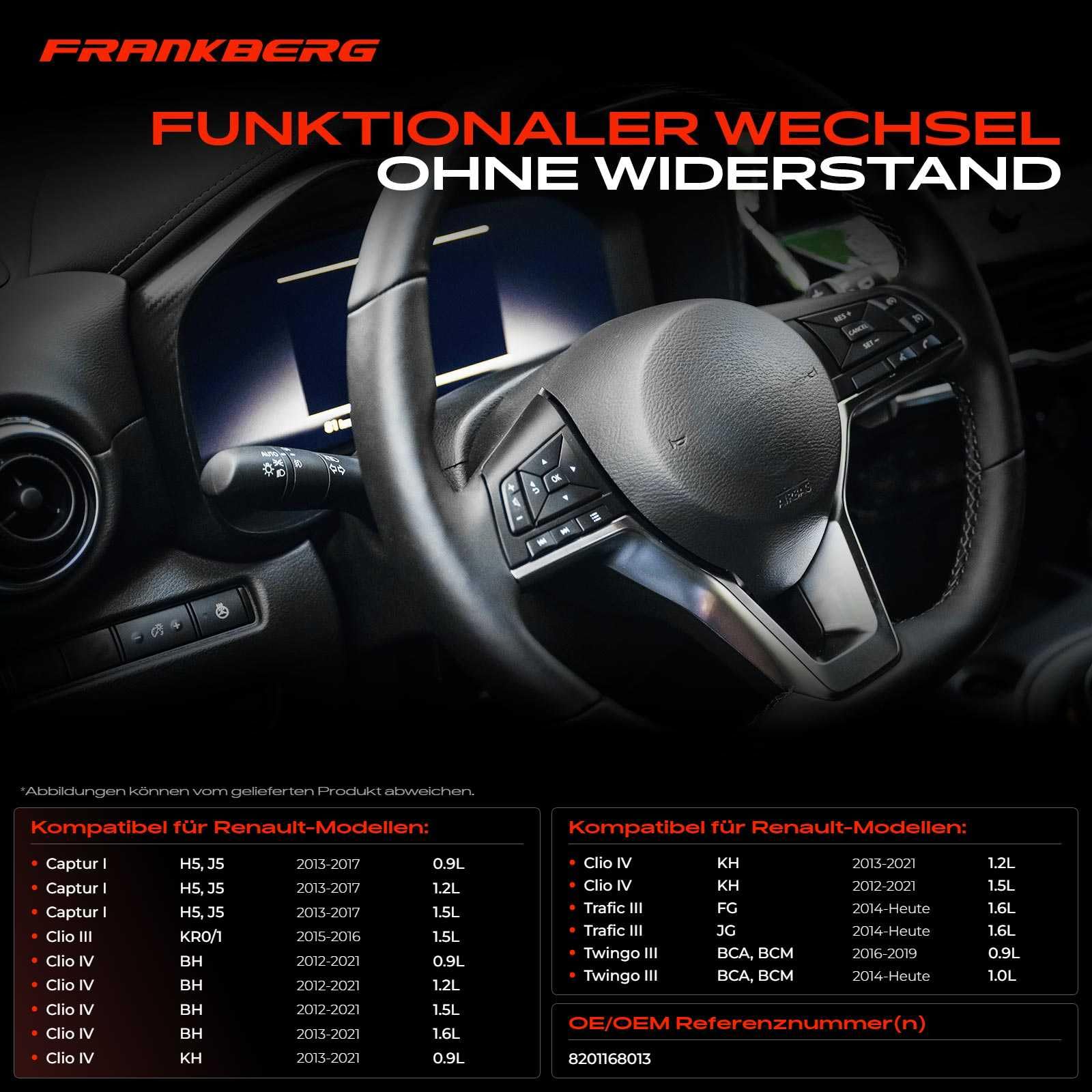 Frankberg Interruttori combinati Interruttori sul piantone dello sterzo 13-Poli Compatibile con C.a.p.t.u.r I H5 J5 Clio IV BH Twingo III BCA BCM Clio IV Grandtour KH Trafic III Bus JG 8201168013