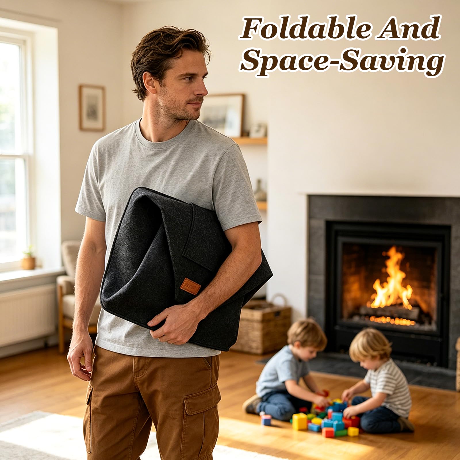 Canasta De Leña 45 x 32 x 40 cm 60L, Cesta de fieltro Fieltro extra grueso y asa reforzada, Cesto para leña plegable Bolsa, para Guardar Periódicos y la Chimenea