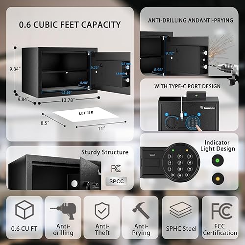 Miniatura 2 de Bonsaii Caja de seguridad de 0.6 pies cúbicos - Teclado electrónico, estante extraíble, ideal para el hogar, hotel o negocio para asegurar joyas,
