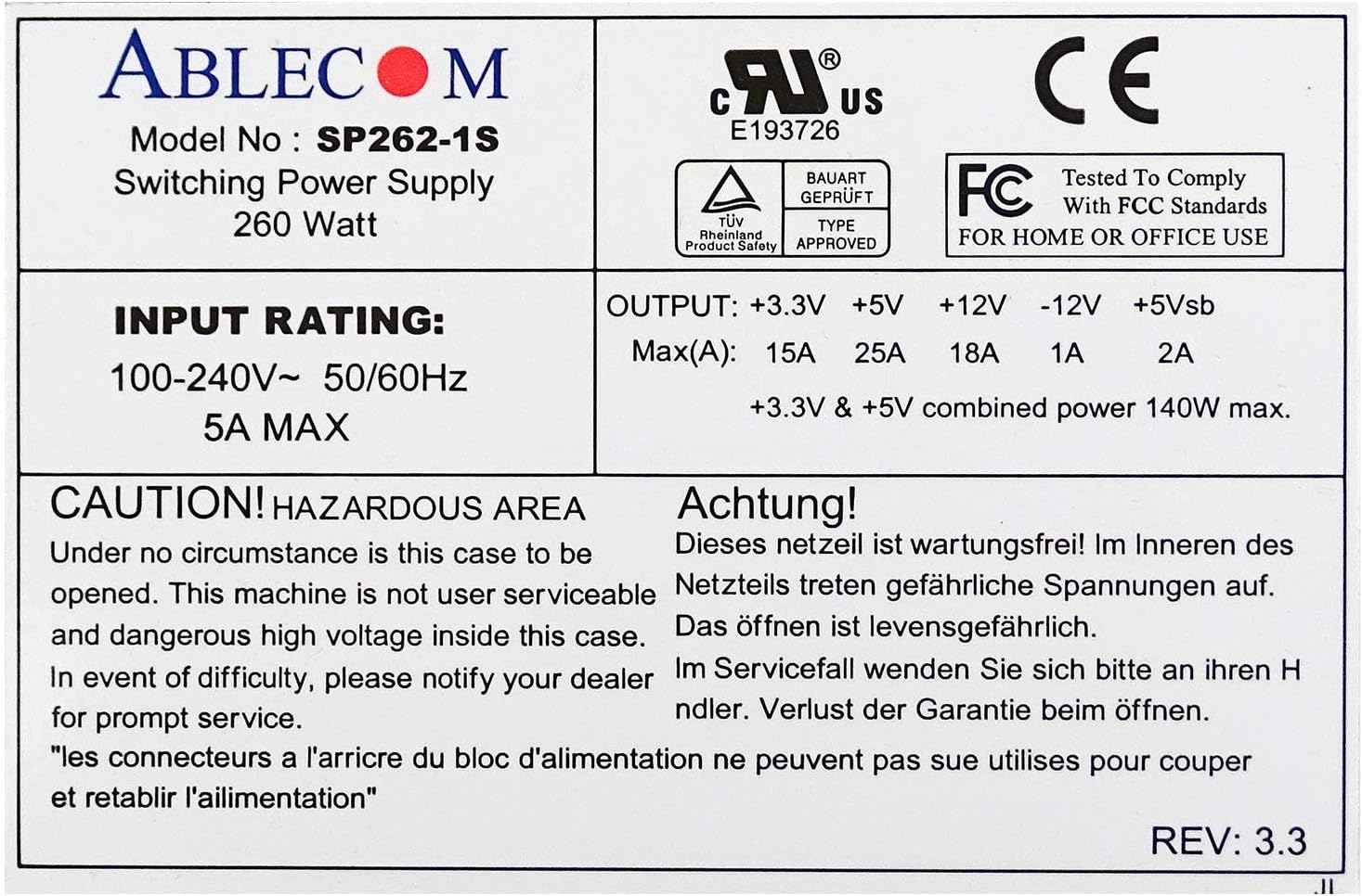 Ablecom SP262-1S 260W 1U ATX Server Power Supply SuperMicro PWS-0055