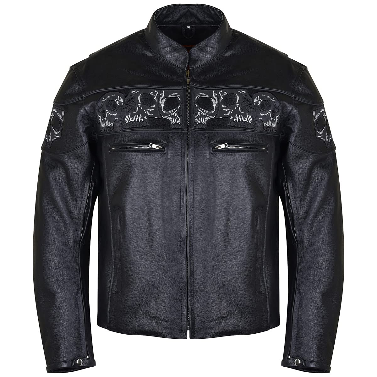 Vance Leather Men's Stand Up Collar Premium Motorcycle Jacket with Reflective Skulls and Inside Conceal Carry Pockets