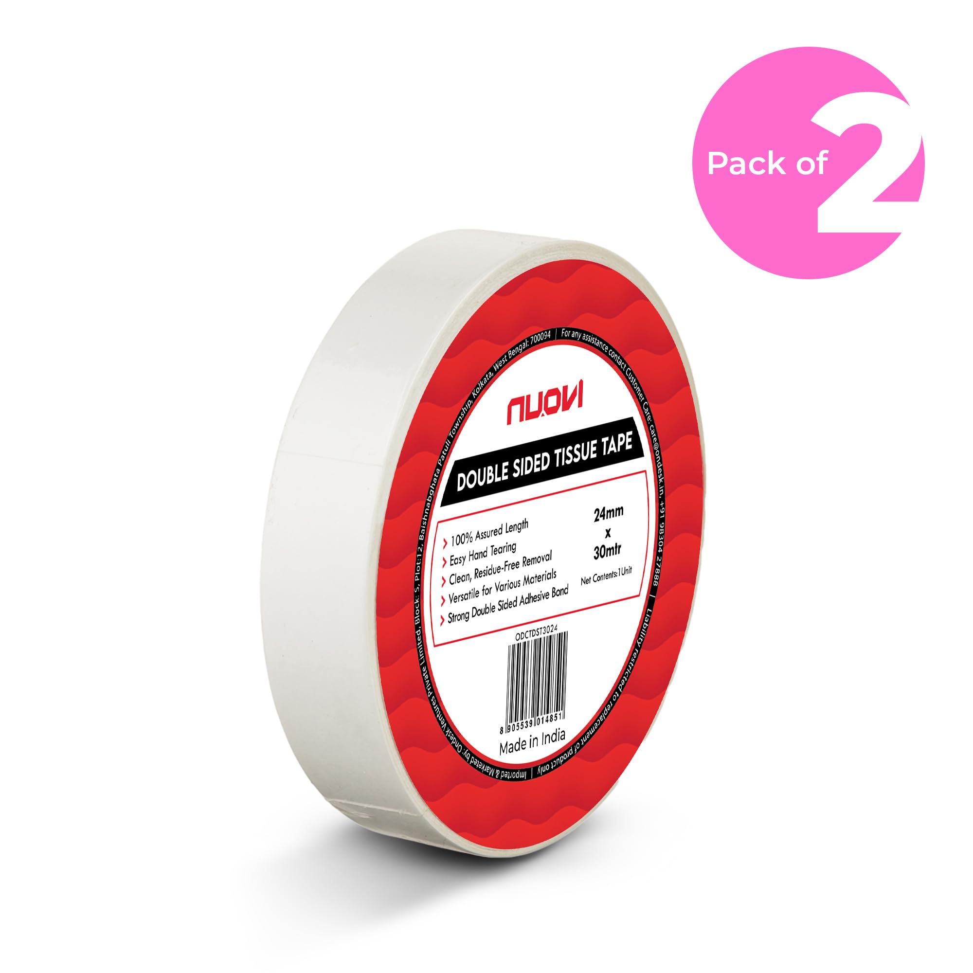 Cinta adhesiva de doble cara | 30 metros x 2,4 cm | Cinta adhesiva de doble cara translúcida blanca | Ideal para álbumes de recortes, sobres, carteles, manualidades, bricolaje y más (paquete de