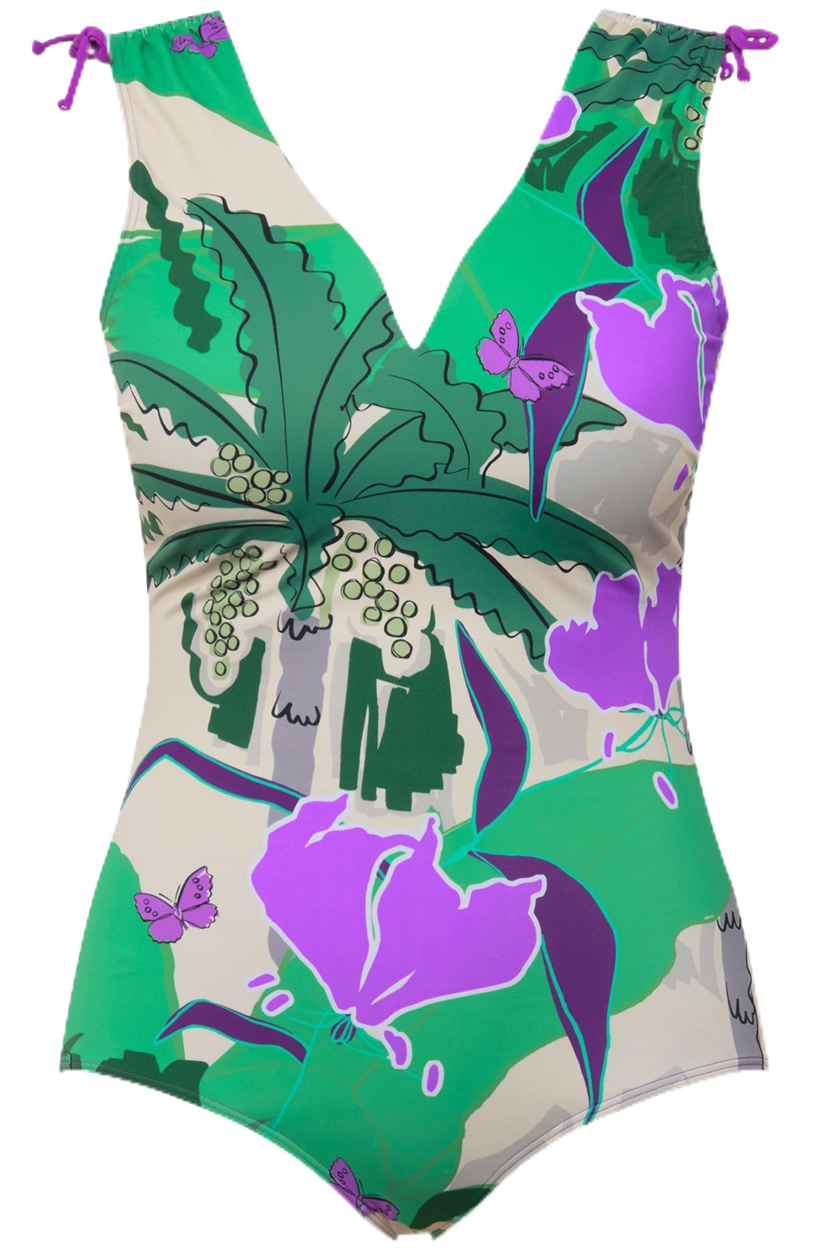 Ulla Popken Femme Grandes Tailles Maillot de Bain, Motif Palmiers. Bonnets Souples. Rubans à froncer sur Les épaules. Matière recyclée 826432