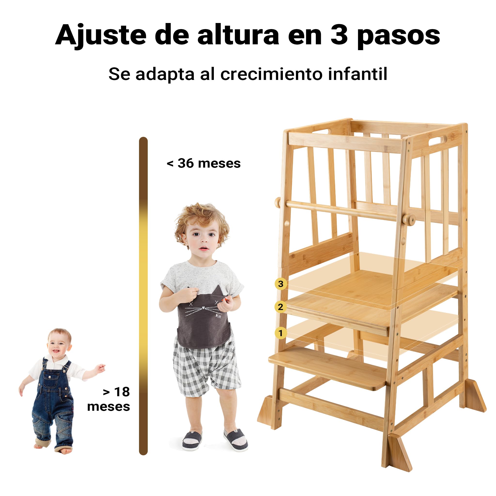 Wiltec Silla Infantil Torre de Aprendizaje 57 x 46 x 90 cm de bambú, Taburete de Aprendizaje para niños con barandilla, Torre de pie con Barra de protección