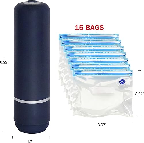 Miniatura 7 de Sellador al vacío para alimentos, azul oscuro, máquina selladora al vacío de mano con 15 bolsas de vacío reutilizables, ahorrador de alimentos