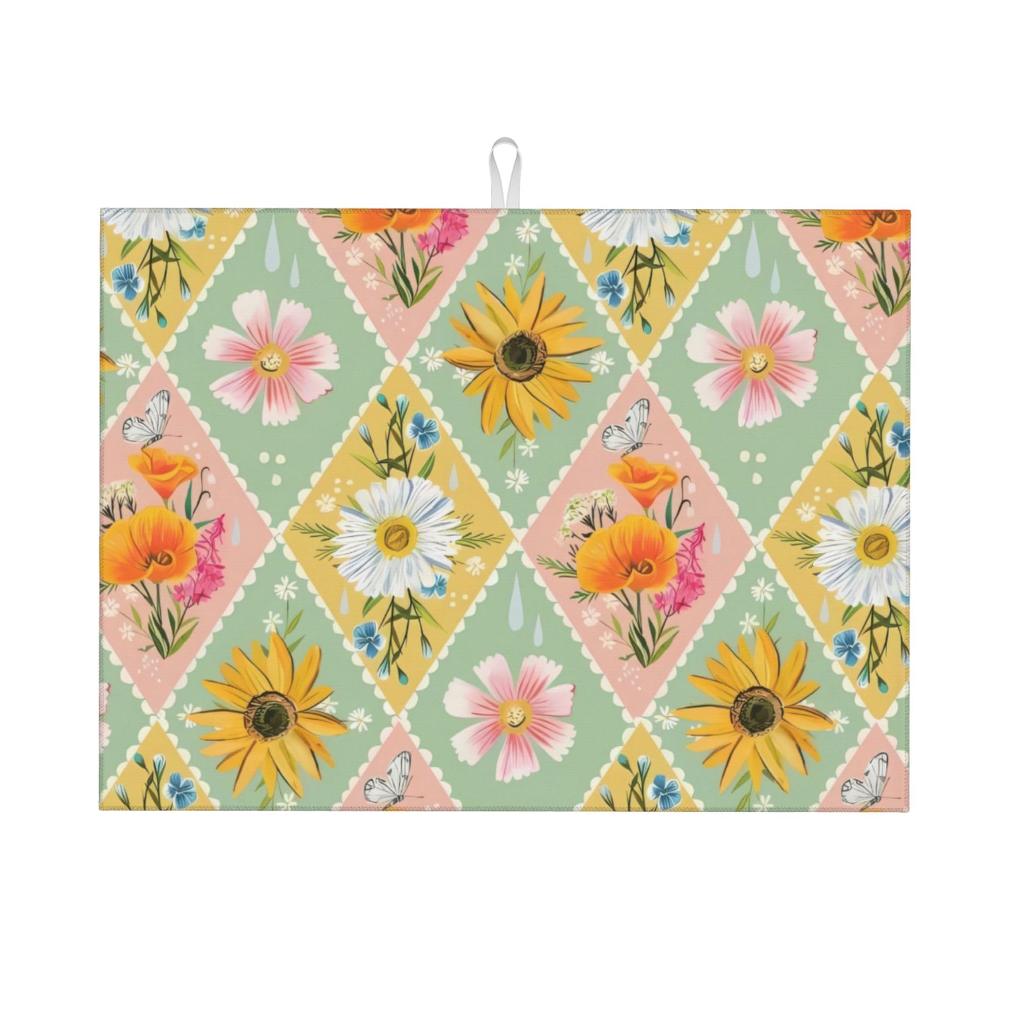 Daisy Flowers Dish Drying Mat 18x24 Inch, Microfiber Absorbent Fast Dry Mat Floral Large Dish Mat Drying Kitchen Mat, Kitchen Drying Pad for Kitchen