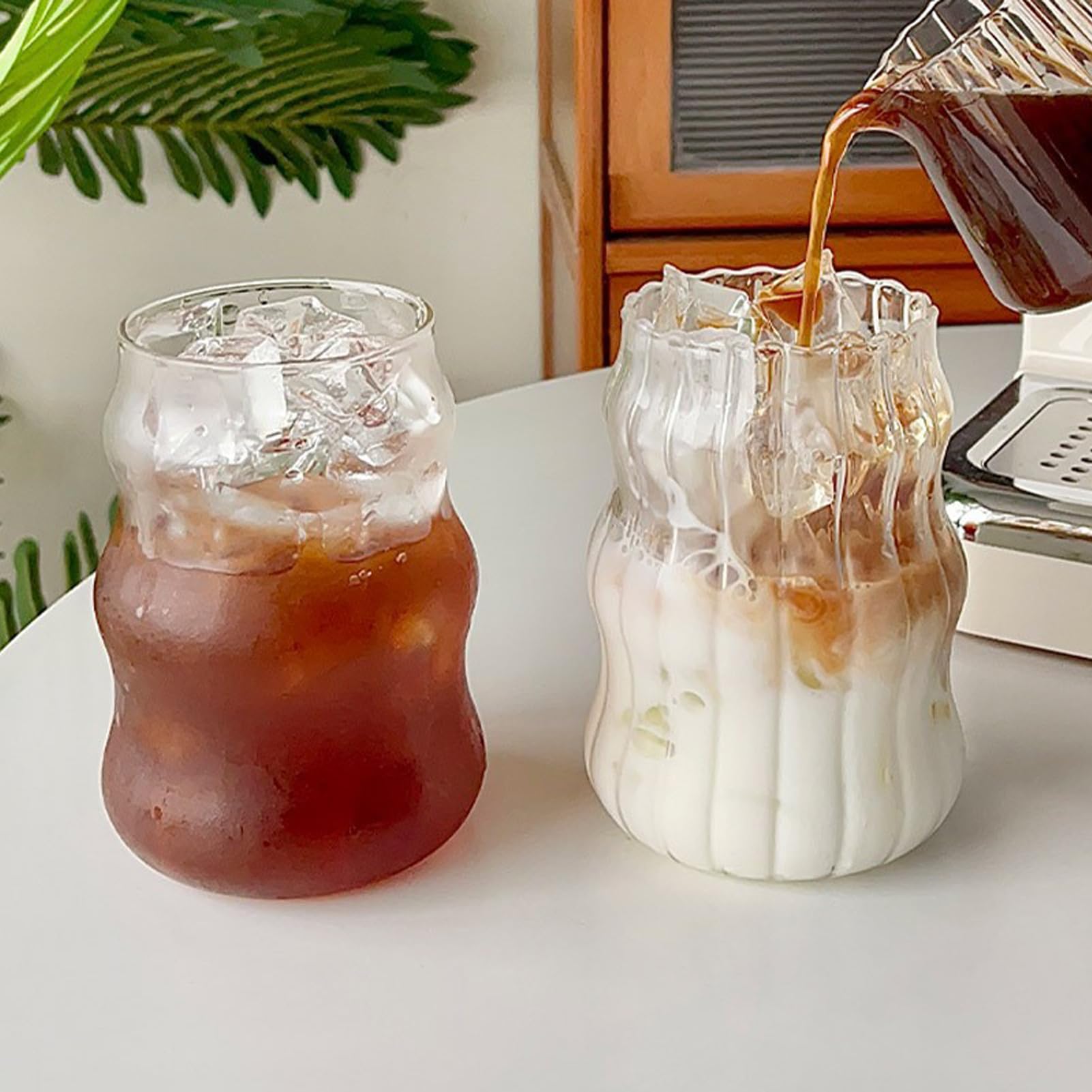 RXMORI 2pcs Ribbed Ice Coffee Cup Vintage Drinking Glasses Tumblers Gourd Shape Latte Cup Glasses Glass Cup Ripple Glassware Wave Shaped Glass Cups for Tea, Milk, Whisky, Coffee Bar Accessories