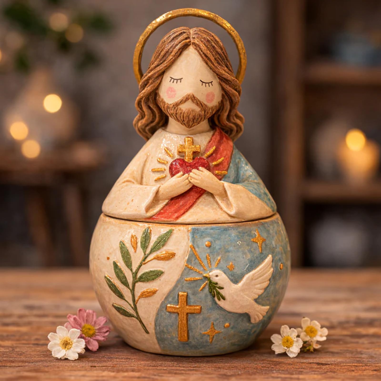 Caja de Oración de Resina con el Sagrado Corazón de Jesús y la Virgen María, Obra Artesanal de María en Resina, Ornamento Creativo de Regalo, Figura Religiosa del Corazón Sagrado de Jesús
