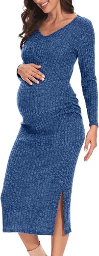 LAHILO Long Sleeve Maternity Sweater Dress for Fall Winter Baby Shower &amp; Photoshoot - Women's Pregnancy Maternity Dresses