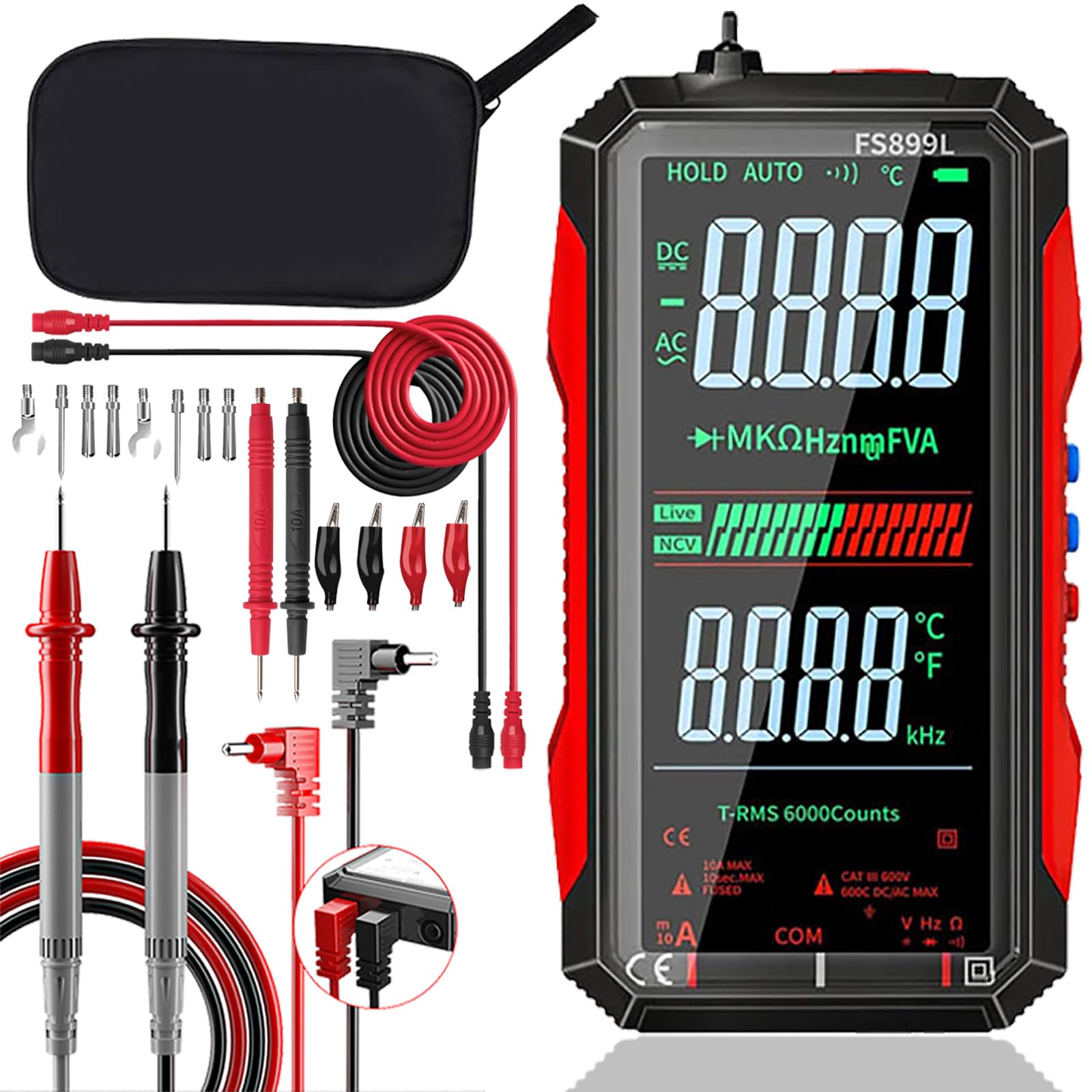 2026 Upgraded FS899L Digital Multimeter, Color Screen, USB-C with 16pcs Silicone Multimeter Test Leads Kit, Rechargeable, Auto-Ranging, 6000 Counts True RMS AC/DC Voltage, NCV, Capacitance Tester.-image-25