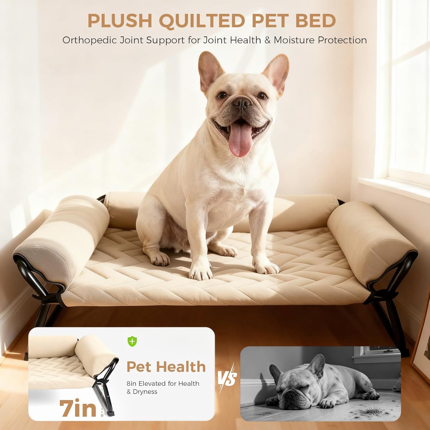 Lekereise Cooling Elevated Outdoor Dog Bed Cot + Orthopedic Indoor Small Dog Sofa Bed, Washable Cover & Sturdy X-Frame, 37x21.5inches, Medium, Beige