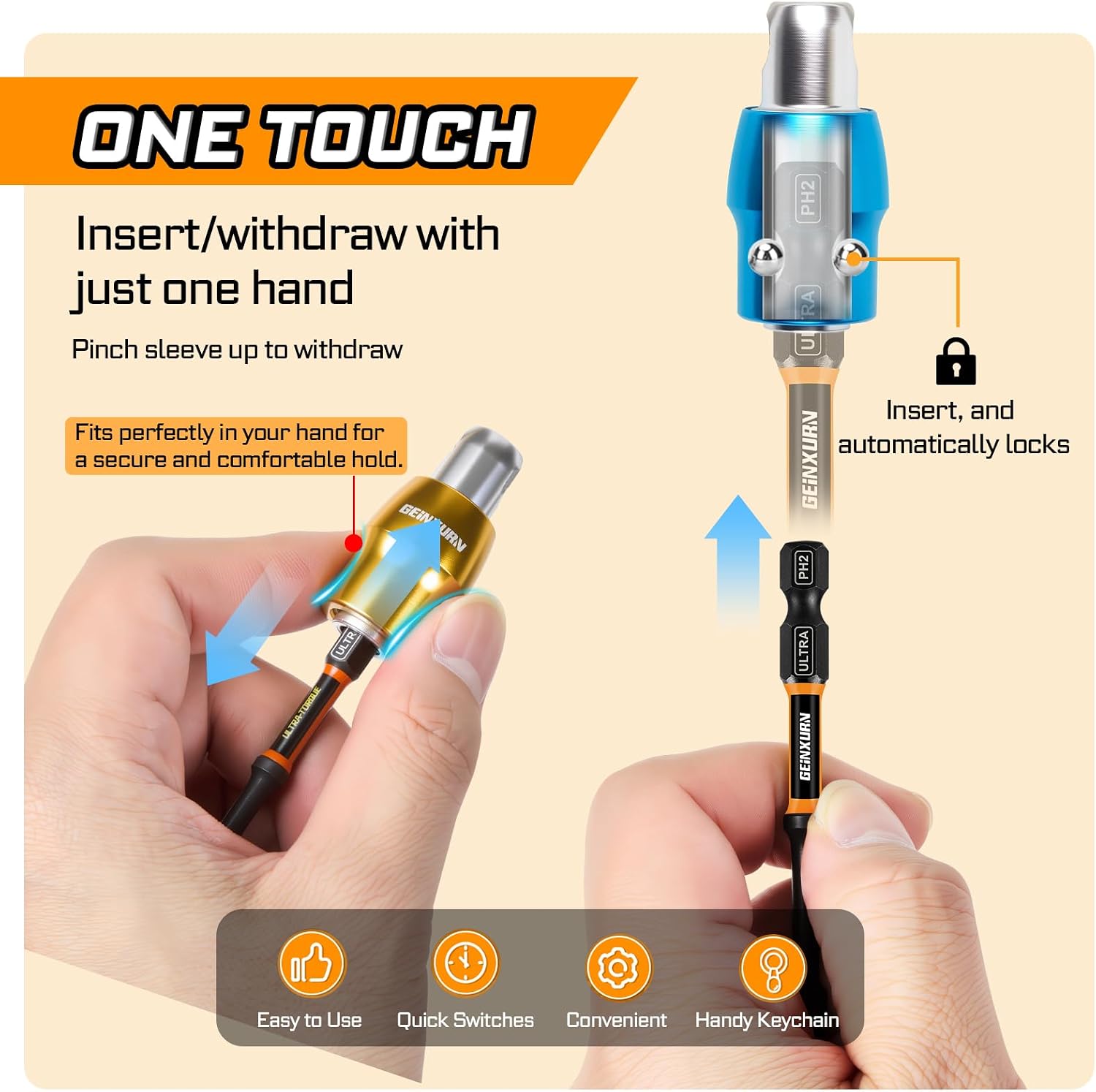 5Pcs One Hand Quick Release Bit Holder Set, Belt Clip Organizer with Double Lock Aluminum Catcher & Polyester Fabric Key Chain Tool Kit for DIY & Outdoor Work