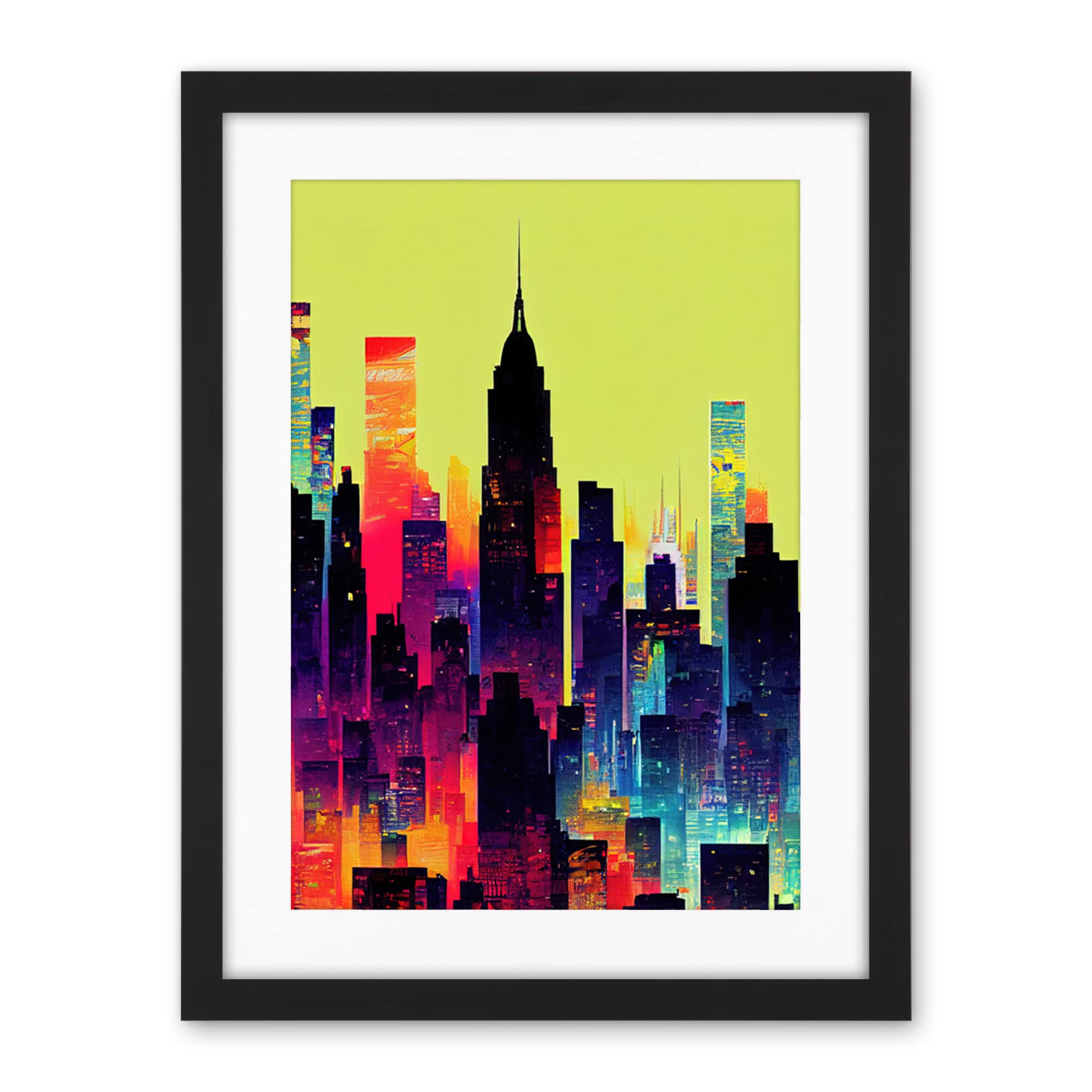 Wee Blue Coo New York Vibrant Multi Coloured Graphic Design Skyscraper Cityscape Silhouette Artwork Framed Wall Art Print 18X24 Inch