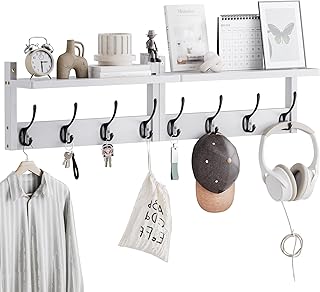 STELLSTAR Wall Coat Rack with Shelf, Bamboo Wall Shelf with 8 Hooks, 40 cm, Wall Mounted Hanging Shelf for the Hallway, for Storing Clothes (White + Black)