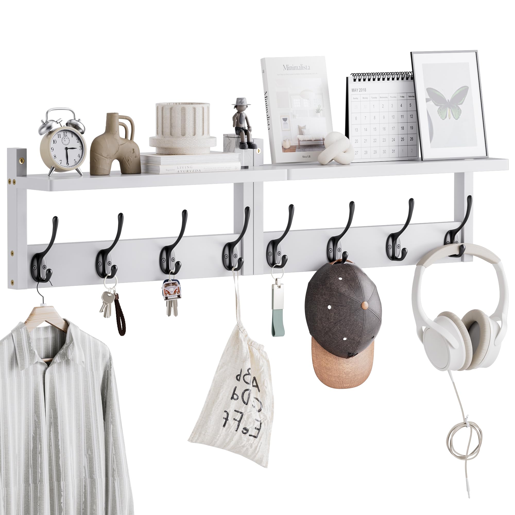 STELLSTAR Coat Rack with Shelf Wall Mount, Entryway Bamboo Hanging Shelf, Set of 2, Wall Hook Rail for Hallway Décor, Storage Clothe, Hat, Robe, Key, Dog Leash (White+Black)