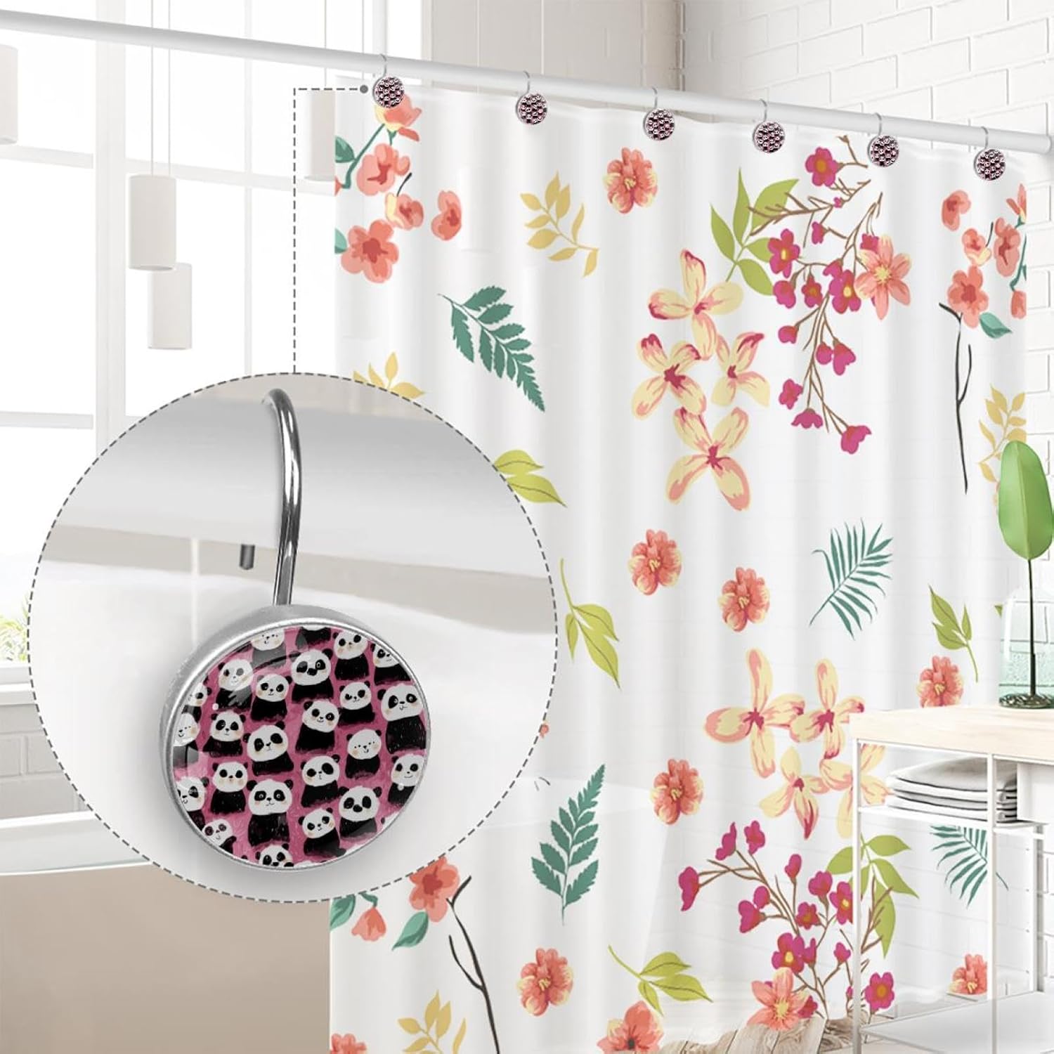 Set of 12 Cute Pandas Pattern (3) Shower Curtain Hooks Rings, Double Glide Shower Hooks for Bathroom Shower Rods Curtains