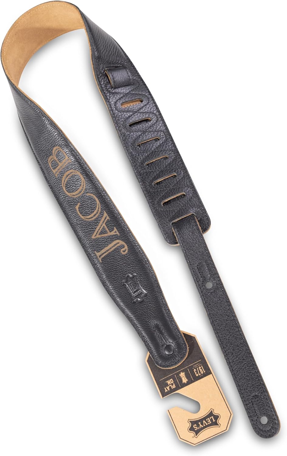 Levy's Leathers Custom Deluxe Leather Guitar Strap, Personalized Laser Etched Text - (M26GF-LE) (Black)