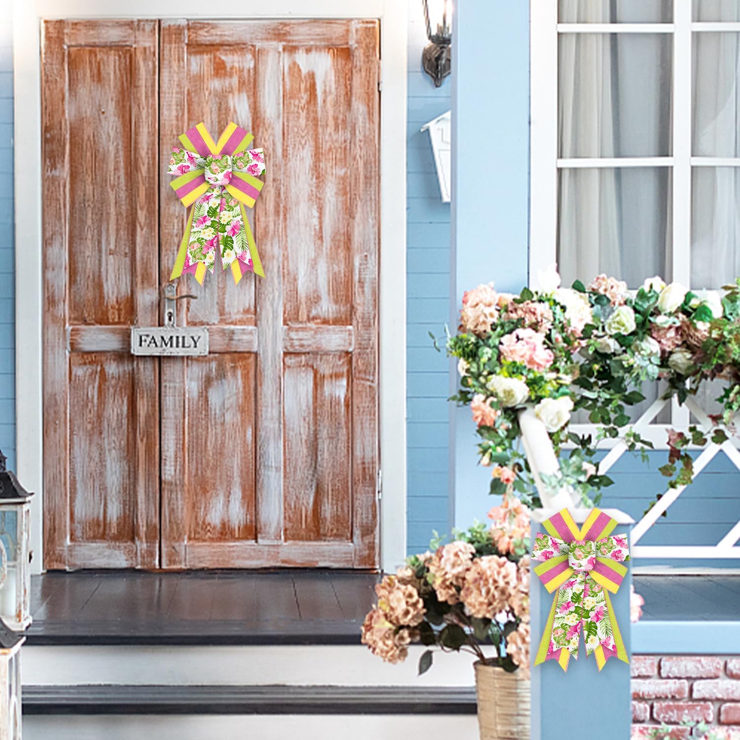 Hying 2 Pieces Floral Bows - Pink Yellow Burlap Wedding Farmhouse Craft Bows for Front Door, Spring Birthday Party Decorations - Image 6