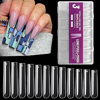 504PCS No C Curve Square Nail Tips, XXXL Full Cover Extra Long Tapered Square Nail Tips for Acrylic Nails, Clear 3XL Fake Nails Tips 12 Sizes Acrylic Nails Tips for Manicure Salon Home DIY